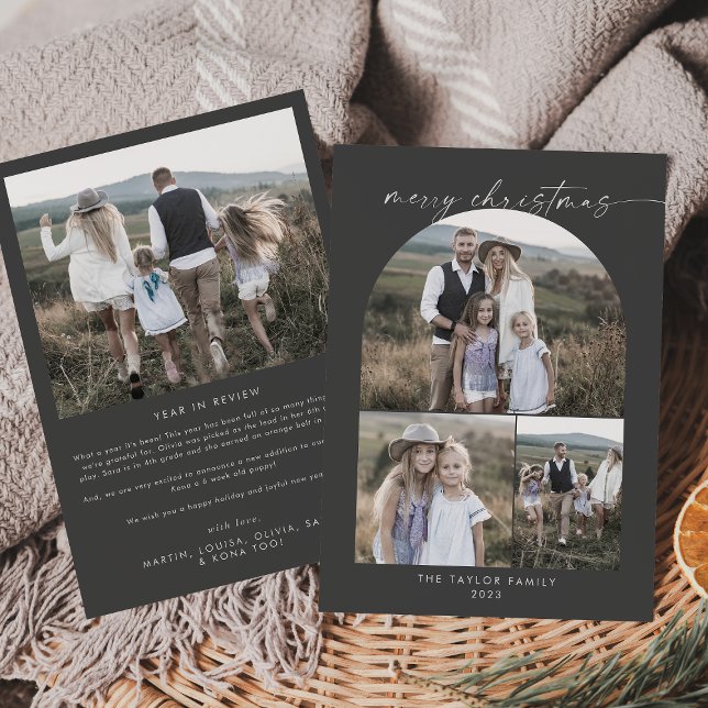 Modern Arch | Grey Photo Collage Family Christmas Holiday Card (Creator Uploaded)