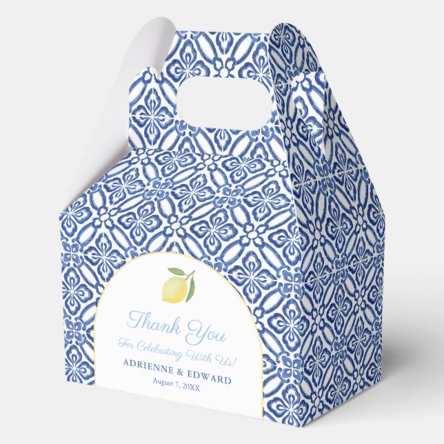 Modern Arch Italian Lemon Blue Tiles Wedding Favor Box (Front)