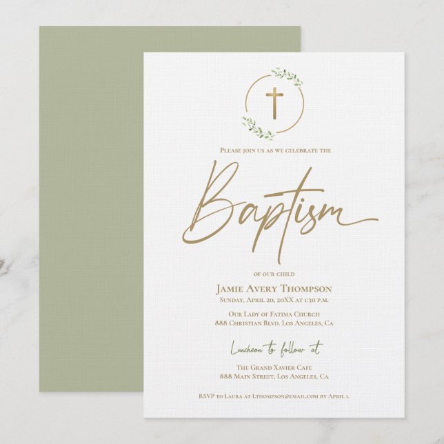 Modern Arch leaf Wreath Gilded Gold Cross Baptism Invitation (Front/Back)