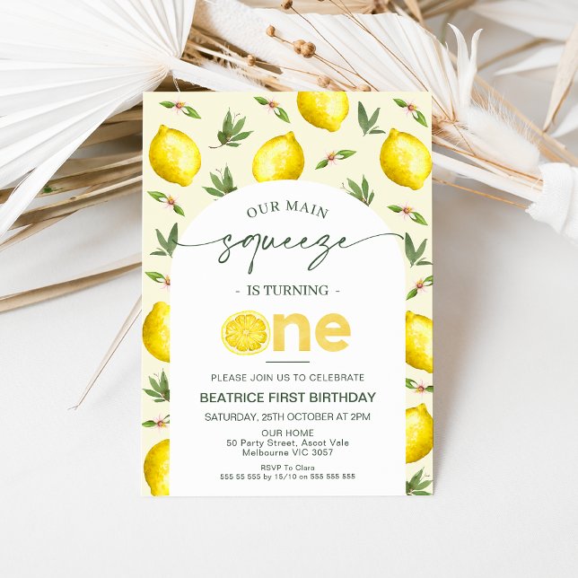 Modern Arch Lemon Our Main Squeeze 1st Birthday Invitation (Our MAIN SQUEEZE 1st Birthday Invitation Modern Arch Lemonade Birthday Party Invitation Lemons)