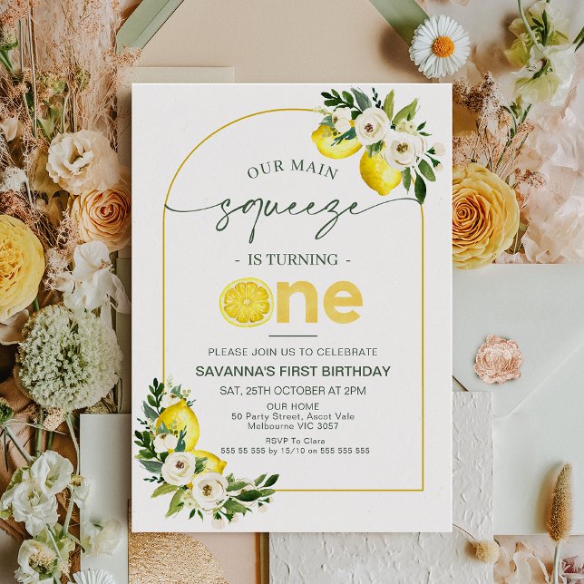 Modern Arch Lemons Our Main Squeeze 1st Birthday Invitation (Arch Our Main Squeeze 1st Birthday Invitation Template, Floral Main Squeeze 1st Birthday Invitation)