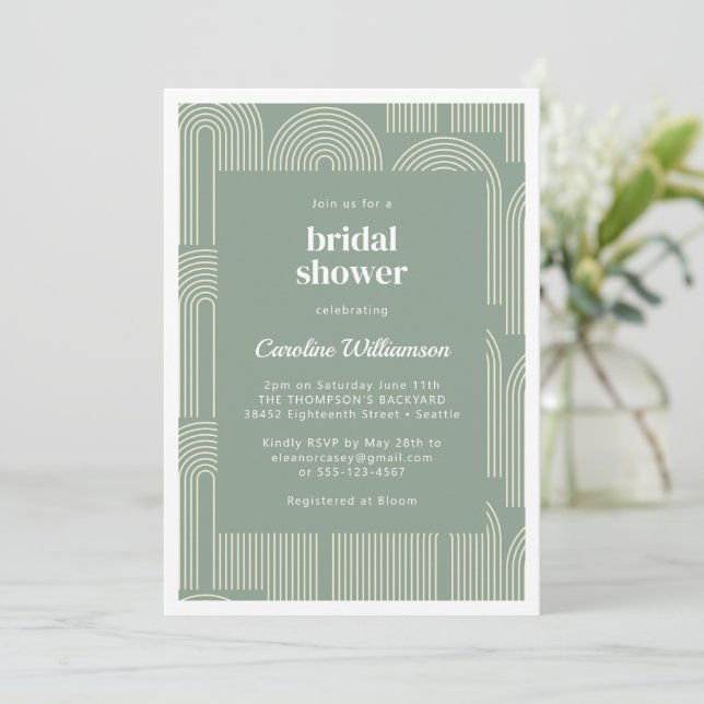 Modern Arch Line Art Sage Green Bridal Shower Invitation (Standing Front)
