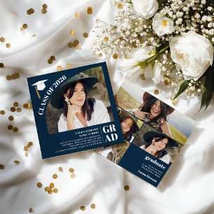 Modern arch navy blue 5 photos graduation invitation