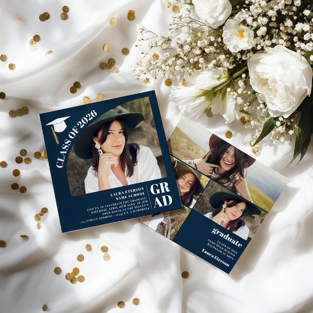 Modern arch navy blue 5 photos graduation invitation (Modern arch navy blue 5 photos graduation invitation)