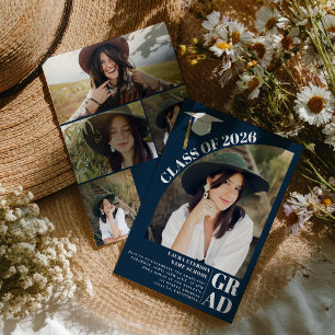 Modern arch navy blue 5 photos graduation invitation