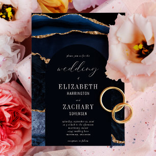 Modern Arch Navy Blue Gold Agate Wedding Invitation