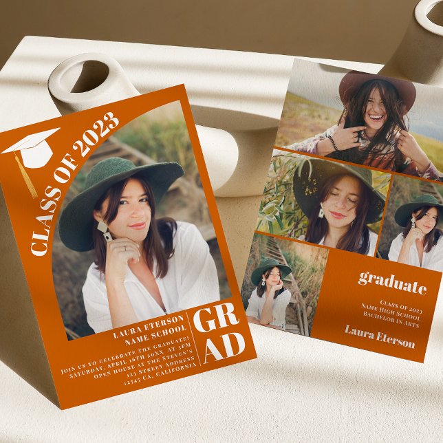 Modern arch orange 5 photos graduation invitation (Creator Uploaded)
