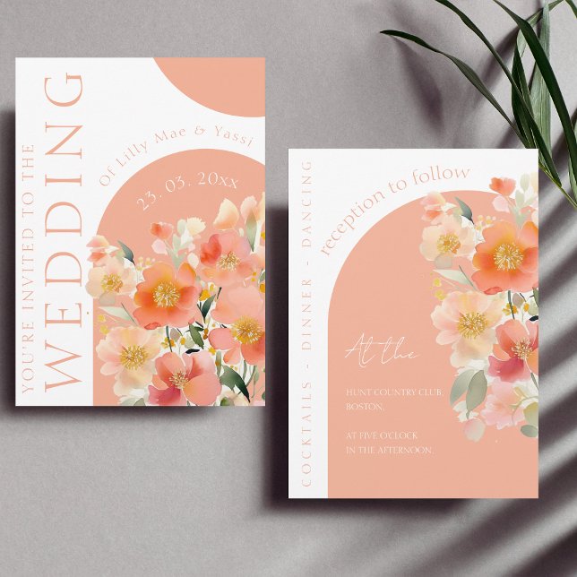  Modern Arch Orange Peach Floral Wedding Invitation (Creator Uploaded)