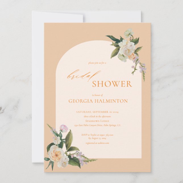 Modern Arch Peach Floral Bridal Shower Invitation  (Front)