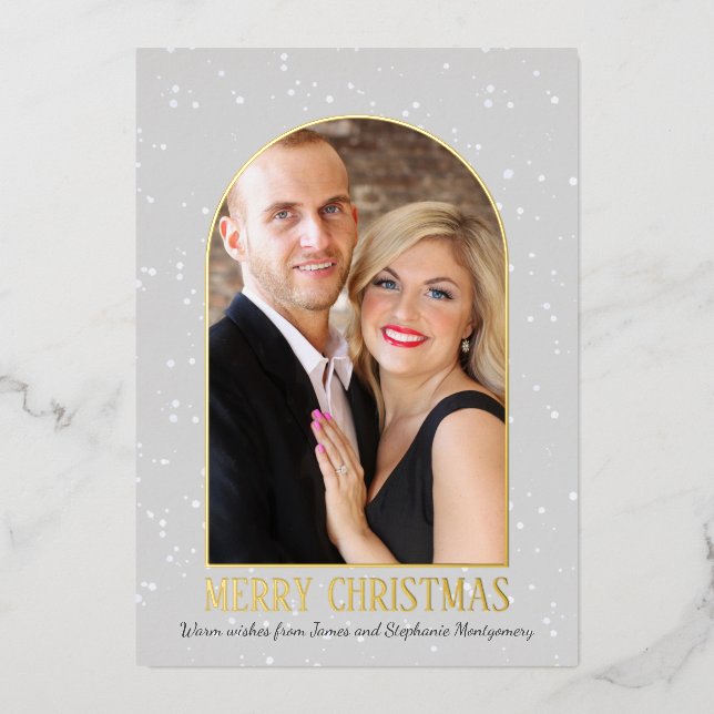 Modern Arch Personalized Photo Merry Christmas Foil Holiday Card (Front)