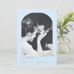 Modern Arch Photo Christmas Letter Blue Gold Holiday Card