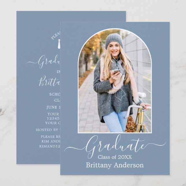 Modern Arch Photo Dusty Blue Graduation Party Invitation (Front/Back)