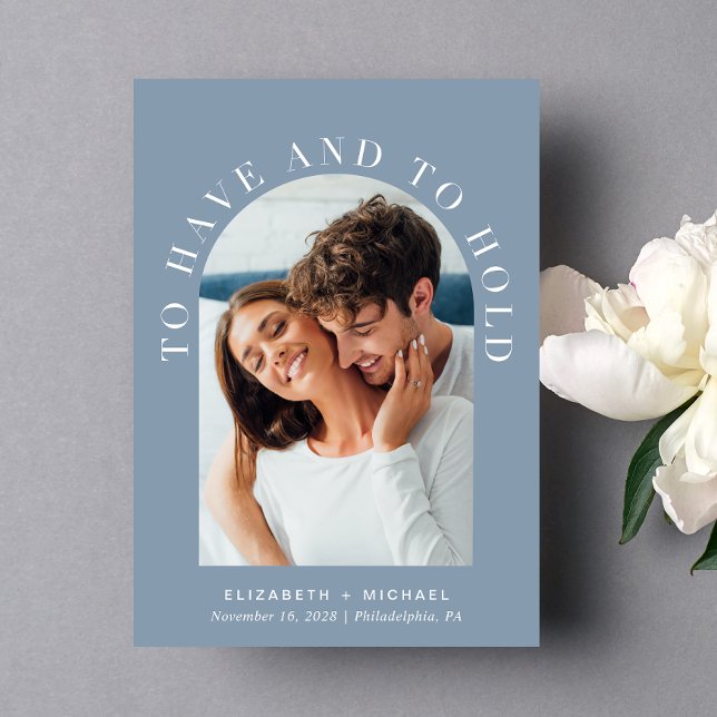 Modern Arch Photo Dusty Blue Wedding Invitation (Celebrate your love story with an invitation showcasing your favorite photo in an elegant arch frame)
