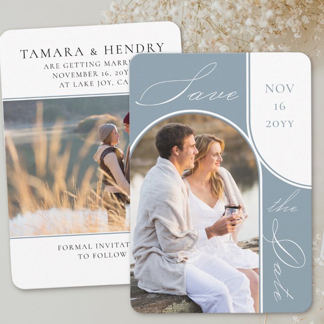 Modern Arch Photo Elegant Calligraphy Dusty Blue Save The Date (Save the Date with modern arch photo and a second picture on the back)