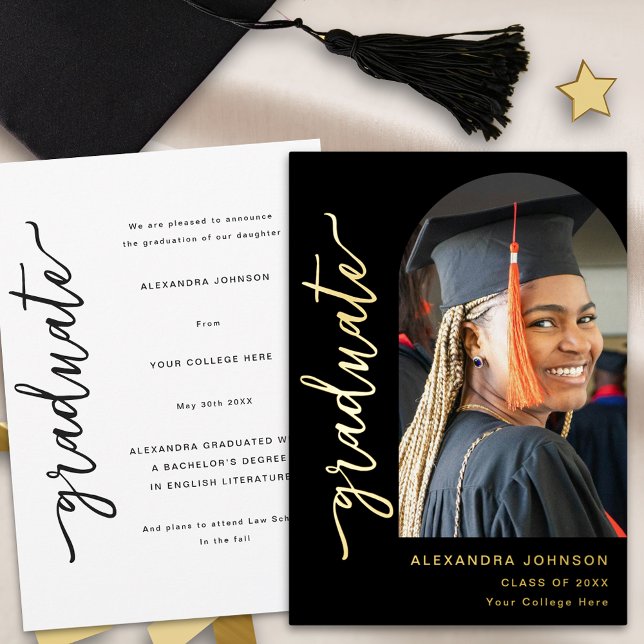 Modern Arch Photo Elegant Gold Script Graduation  (Modern elegant photo arch graduation announcement card trendy chic black and gold foil script)