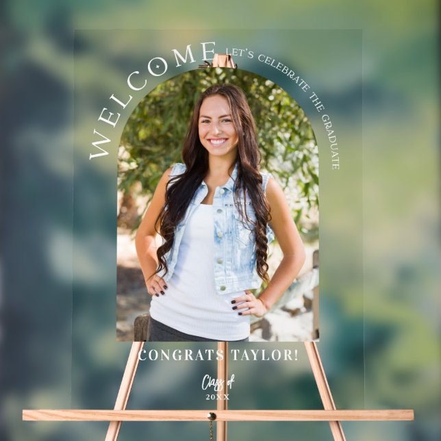 Modern Arch Photo Elegant Graduation Party Welcome Acrylic Sign (Neutral)