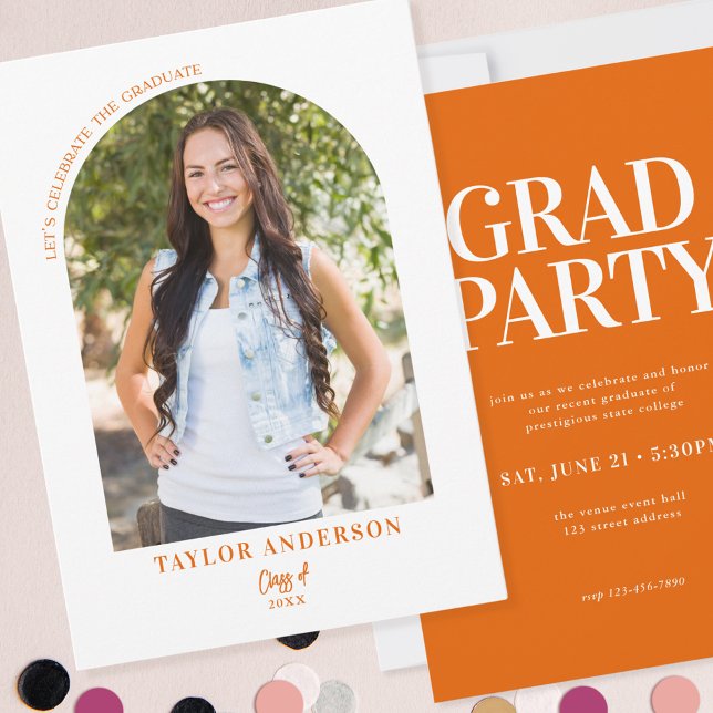 Modern Arch Photo Elegant Orange Graduation Party Invitation (Creator Uploaded)