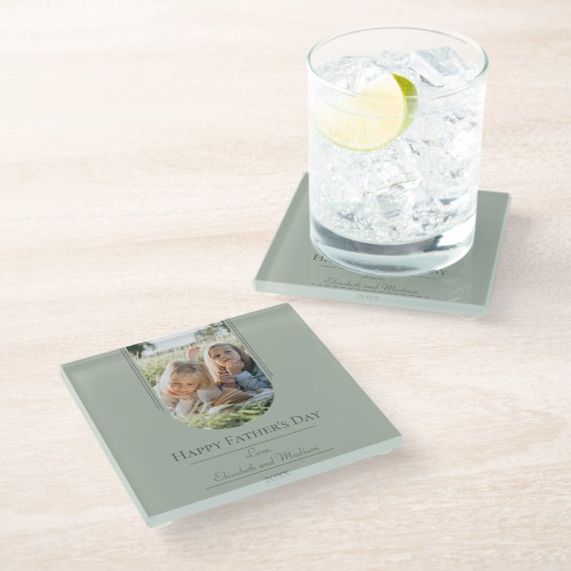 Modern Arch Photo Father's Day | Sage Green Glass Coaster (Angled)