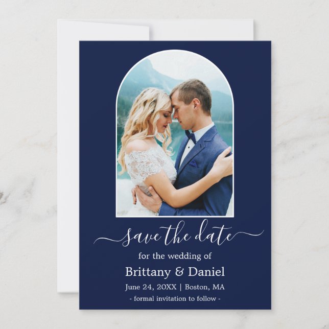 Modern Arch Photo Frame Blue Save The Date (Front)