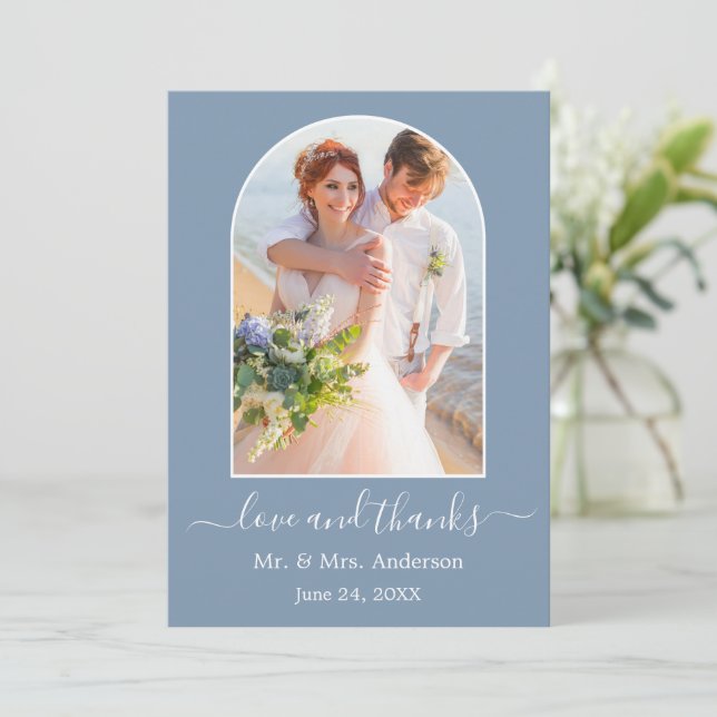 Modern Arch Photo Frame Dusty Blue Wedding Thank You Card (Standing Front)