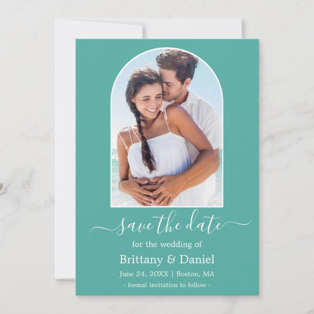 Modern Arch Photo Frame Teal Save The Date (Front)