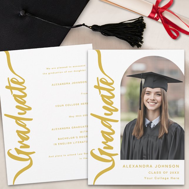 Modern Arch Photo Gold Script Announcement (Elegant gold script arch photo Graduation announcement card modern stylish custom design)