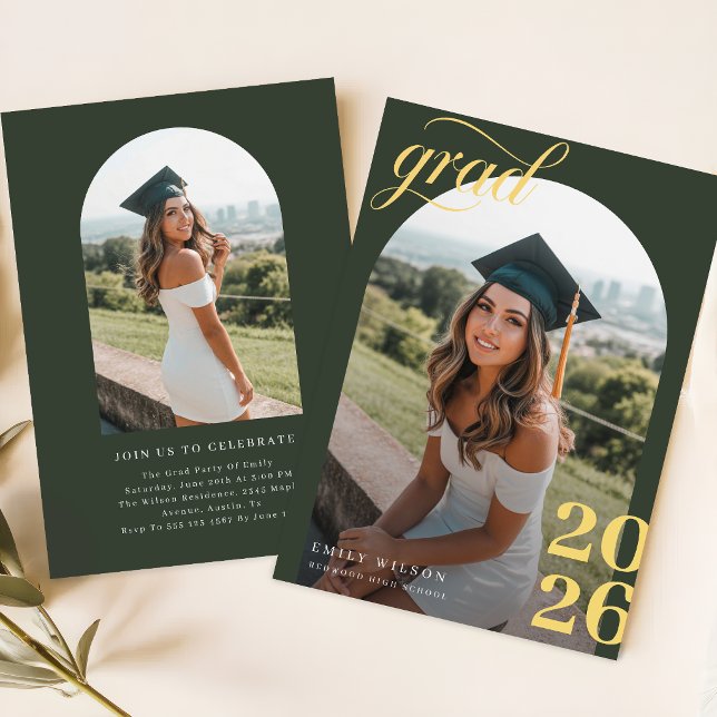 Modern Arch Photo Gold Script Graduation Announcement (Creator Uploaded)