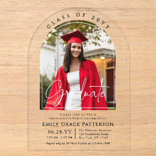 Modern Arch Photo Graduation Party Graduate Script Acrylic Invitations