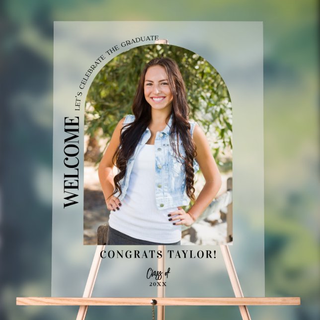 Modern Arch Photo Graduation Party Welcome Frosted Acrylic Sign (Neutral)