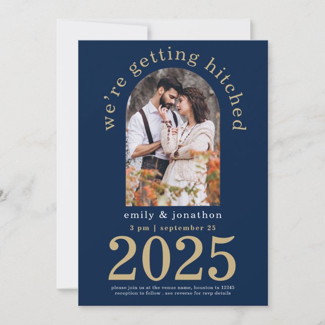 Modern Arch Photo Navy Gold Wedding  Save The Date Invitation (Front)