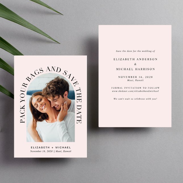 Modern Arch Photo Pink Destination Wedding Save The Date (Celebrate your love story with a save the date showcasing your photo in an elegant arch frame)