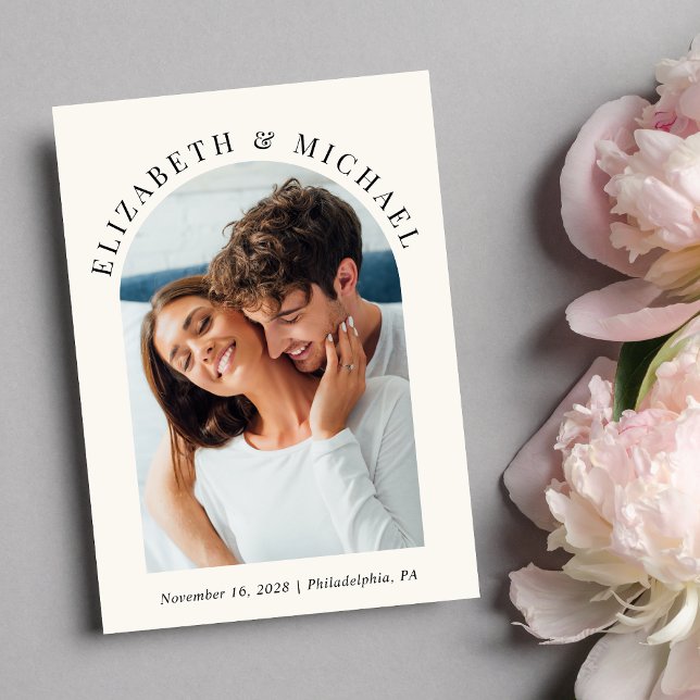 Modern Arch Photo QR Code Cream Wedding Invitation (Celebrate your love story with an invitation showcasing your favorite photo in an elegant arch frame)