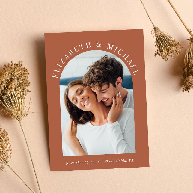 Modern Arch Photo QR Code Terracotta Wedding Invitation (Celebrate your love story with an invitation showcasing your favorite photo in an elegant arch frame)