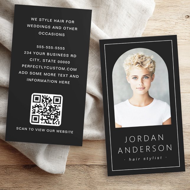 Modern arch photo thin border QR code black Business Card (Modern arch photo thin border QR code black Business Card)