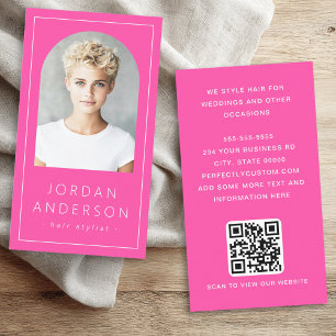 Modern arch photo thin border QR code hot pink Business Card