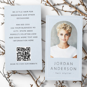 Modern arch photo thin border QR code light blue  Business Card