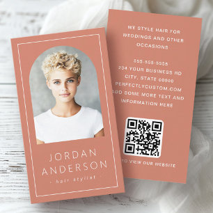 Modern arch photo thin border QR code terracotta Business Card