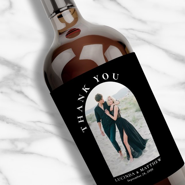 Modern Arch Photo Wedding Thank You Wine Label (Creator Uploaded)