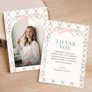 Modern Arch Photo Wildflower Pink Bow Graduation Thank You Card