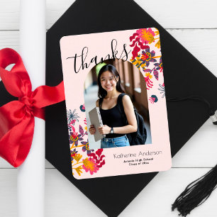 Modern Arch Pink Floral Photo Graduation Party Thank You Card