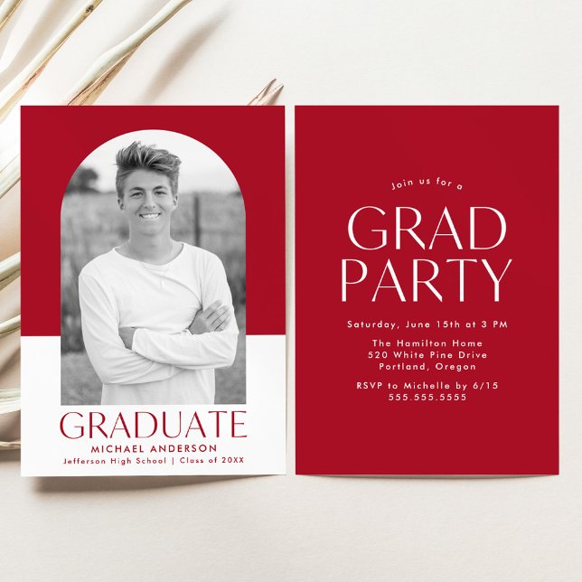 Modern Arch Red Color Block Graduation Party Invitation (Creator Uploaded)