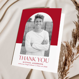 Modern Arch Red Colour Block Photo Graduation Thank You Card