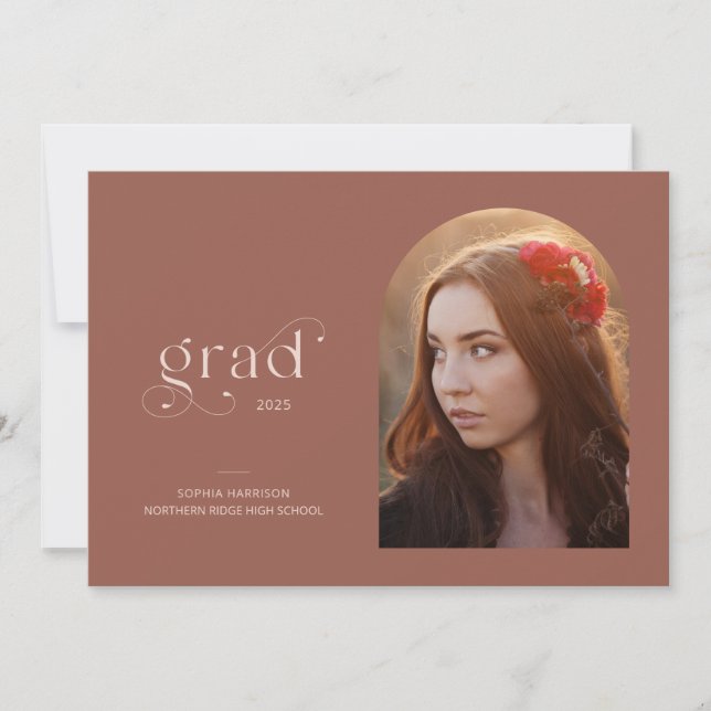 Modern Arch Red Rust 1-Photo 2024 Graduation Party Invitation (Front)