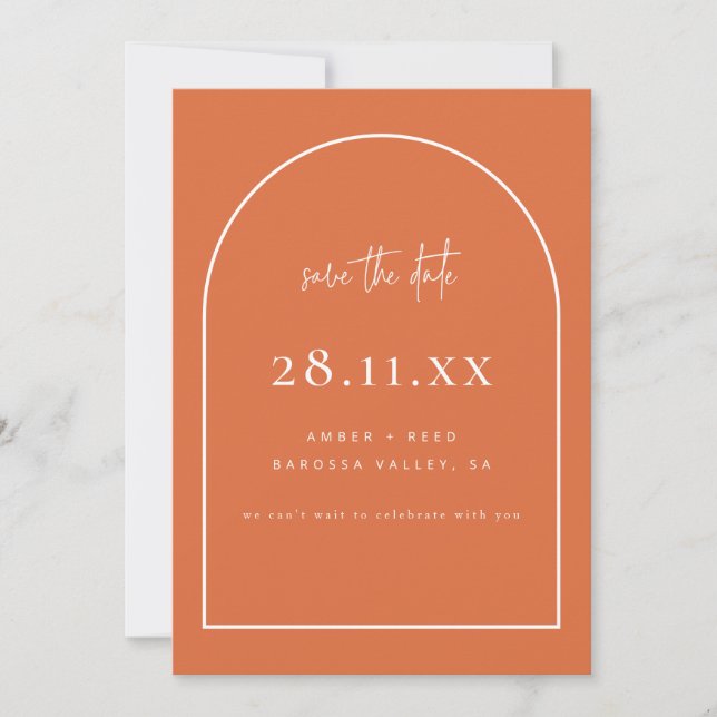 Modern Arch Retro Minimalist Burnt Orange Script Save The Date (Front)