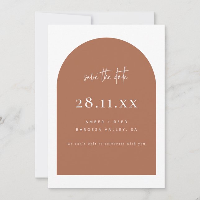 Modern Arch Retro Minimalist Copper Script Save The Date (Front)