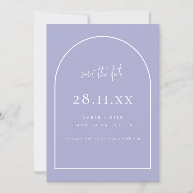 Modern Arch Retro Minimalist Pastel Purple Save The Date (Front)