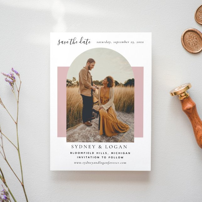 Modern Arch Rose Pink Wedding Photo Save The Date (Creator Uploaded)