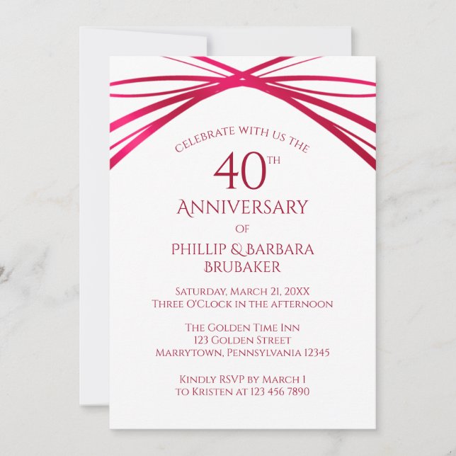 Modern Arch Ruby 40th Wedding Anniversary Party Invitation (Front)