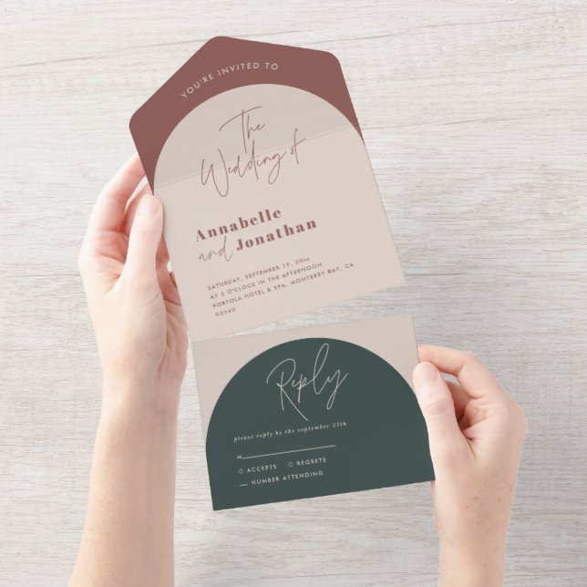 Modern arch rust green script typography wedding all in one invitation (Tearaway)