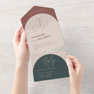 Modern arch rust green script typography wedding all in one invitation